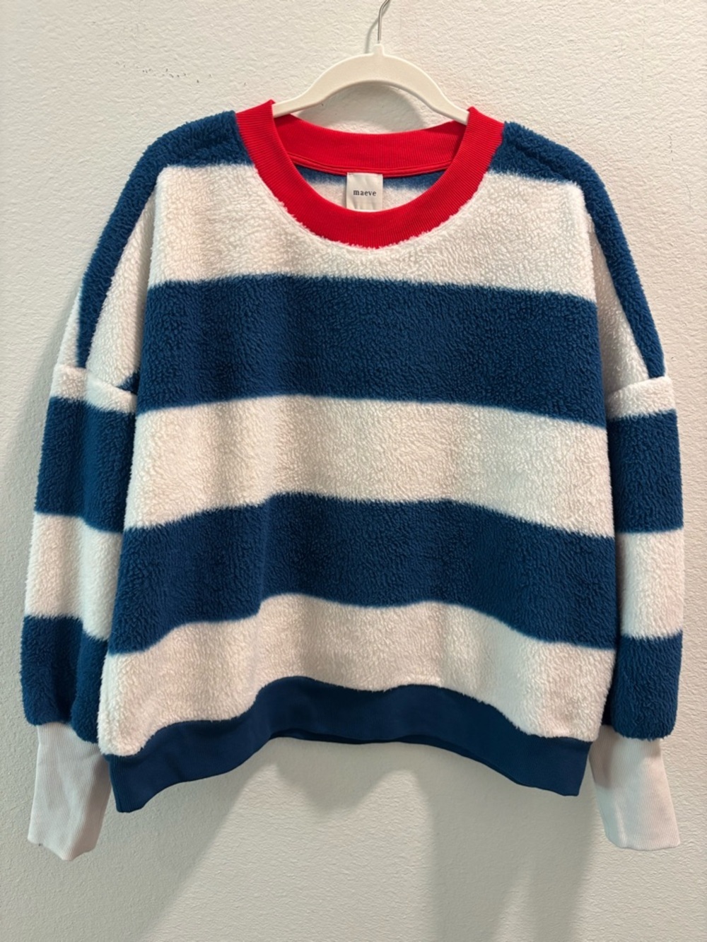 NWT Maeve Cotton Striped Sherpa Pullover - Navy, White & Red Trim, size S
